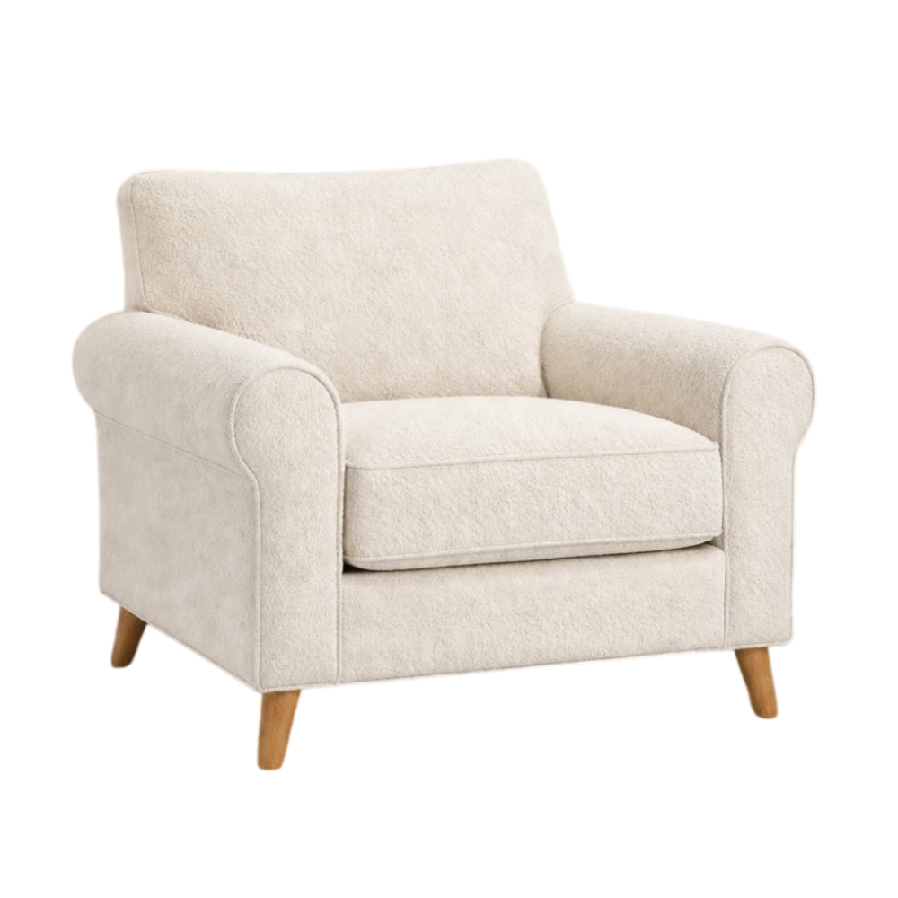 Sillón de tela bouclé crema con patas de madera-NESTLIVOZ