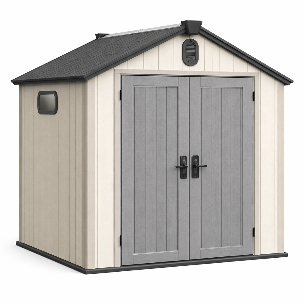 Cobertizo de jardín de polipropileno con doble puerta y ventana beige gris 257x182x243 cm-Decoranovao