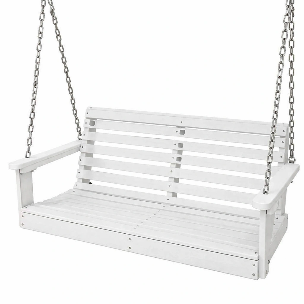 Columpio de porche de madera blanco con cadenas metálicas-Decoranovao