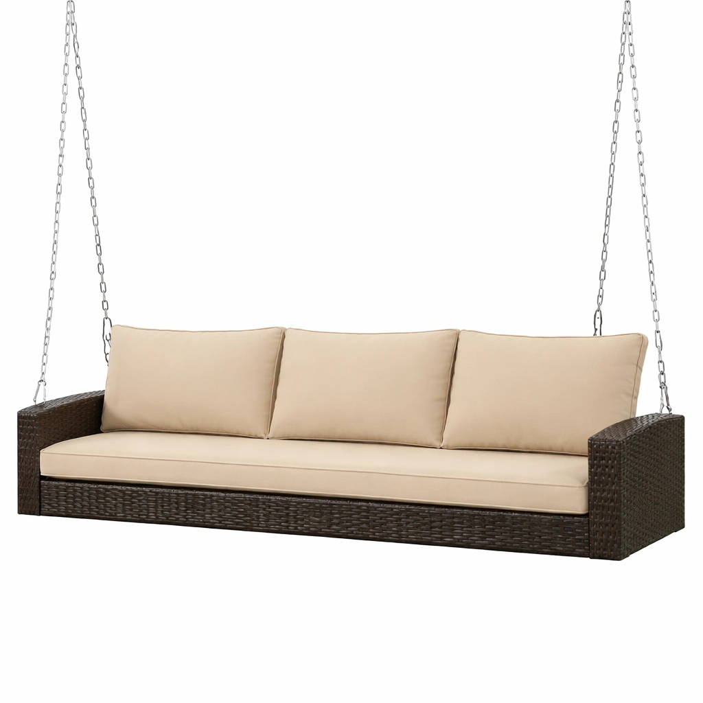Columpio de porche de ratán sintético para exterior con cojines beige-Decoranovao
