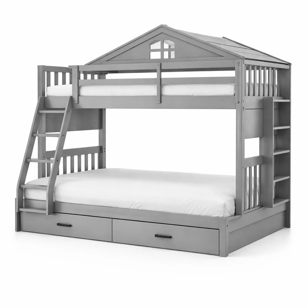 Litera de madera gris con estructura de casa y almacenamiento-Decoranovao