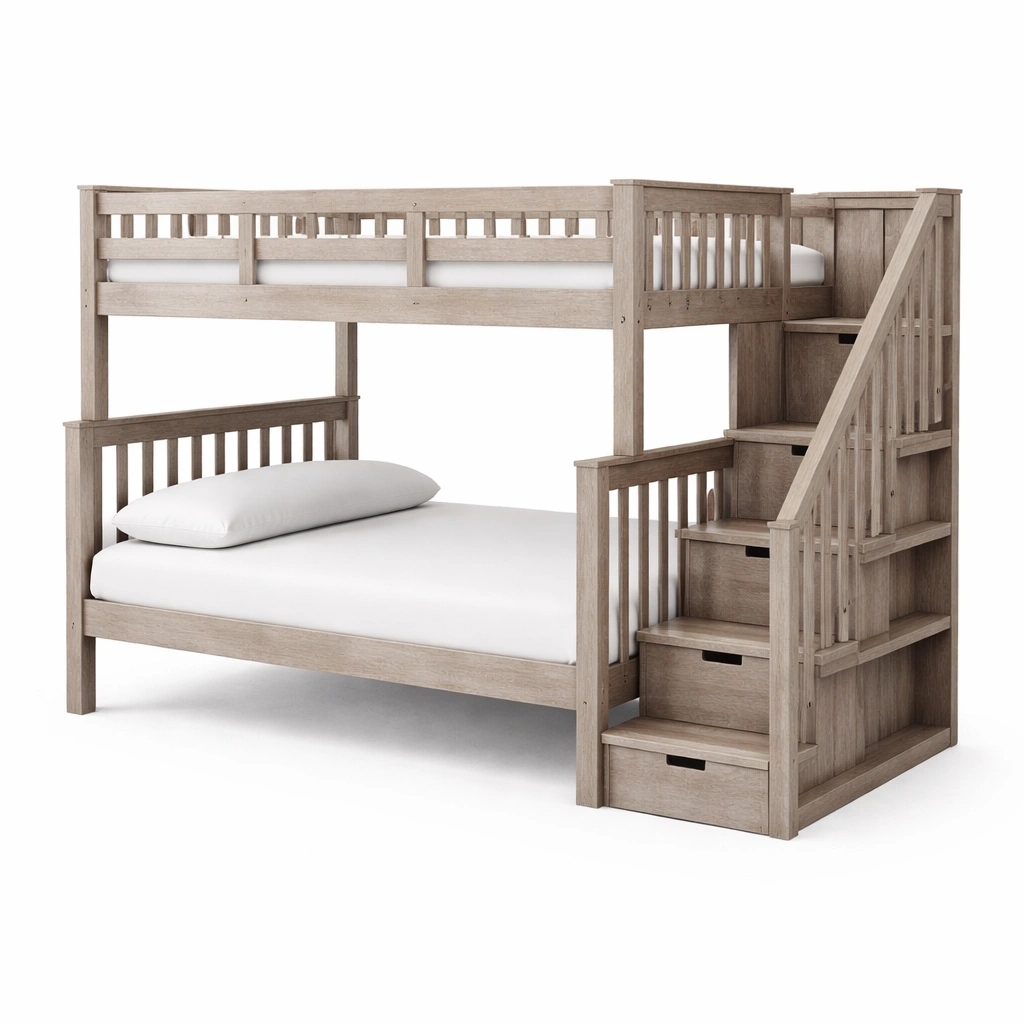 Litera de madera de pino con almacenaje integrado y escalera marrón claro-Decoranovao