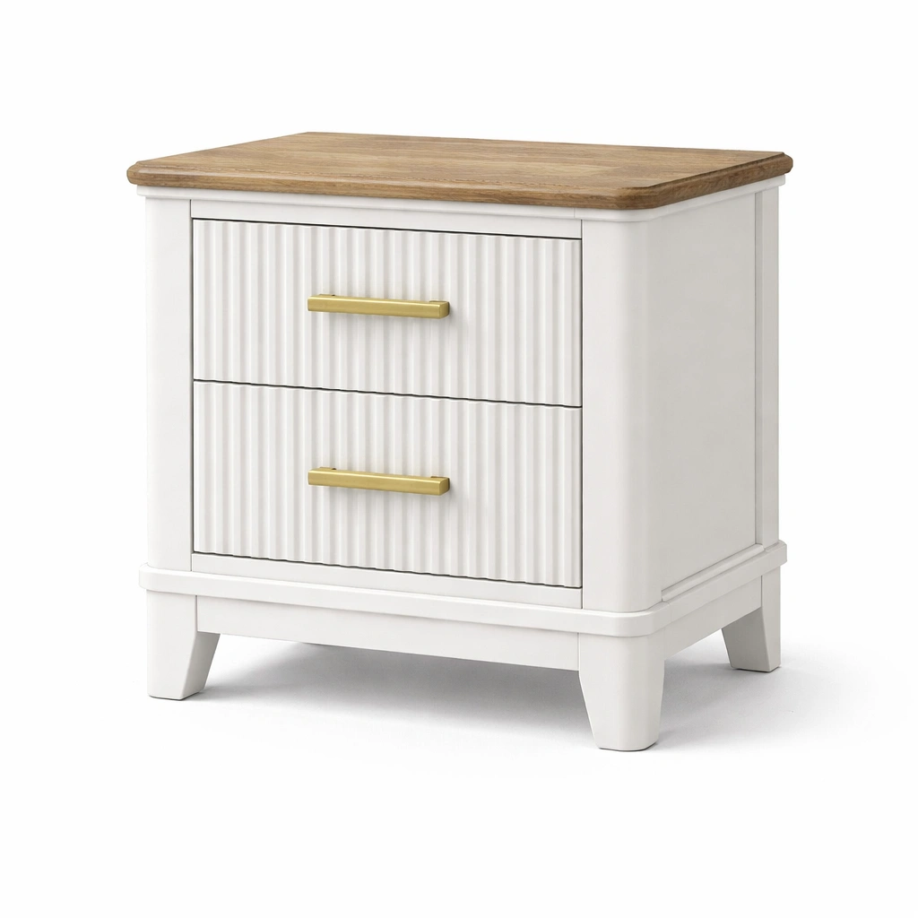 Mesita de noche de MDF con 2 cajones blancos y encimera de madera-Decoranovao