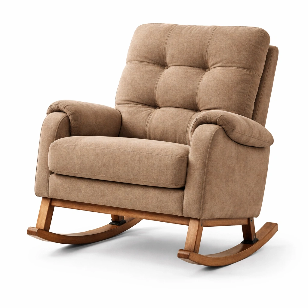 Silla mecedora de madera y tela beige-Decoranovao