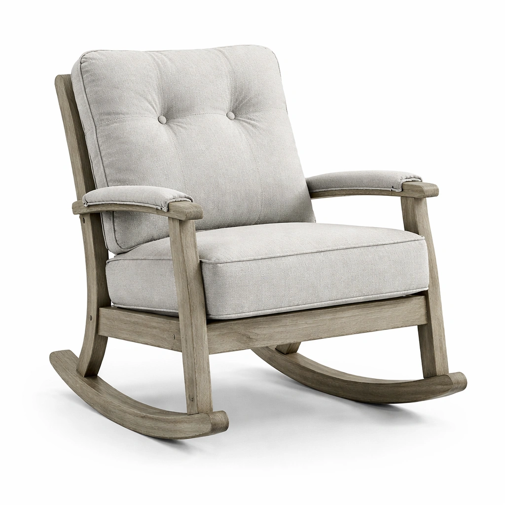 Silla mecedora de madera con tapizado de tela gris-Decoranovao