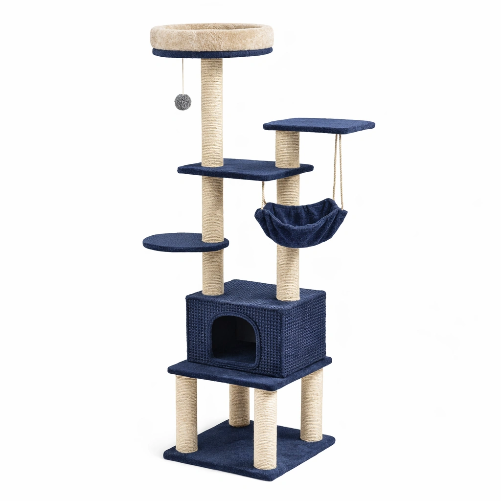 Árbol para gatos con plataformas y hamaca azul y beige-FURNFARA