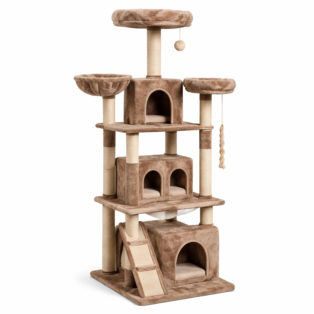 Árbol para gatos de madera y terciopelo marrón-FURNFARA