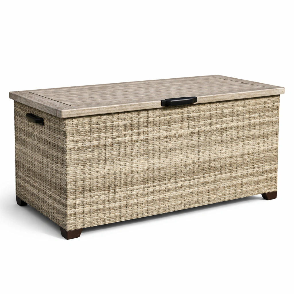 Arcón de almacenamiento para jardín de ratán sintético beige con tapa de polipropileno 120x50x60 cm-FURNFARA