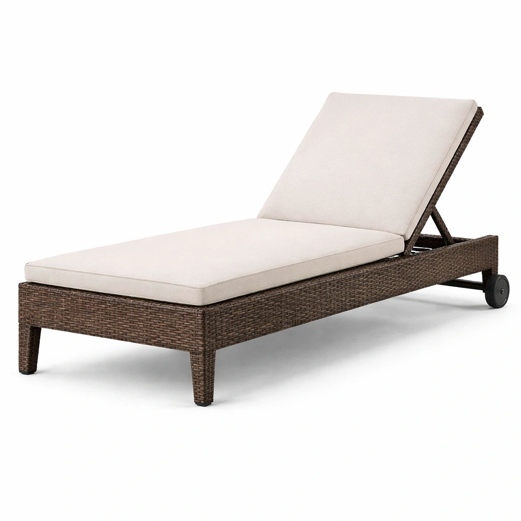 Tumbona ajustable de ratán marrón con cojín beige-FURNFARA