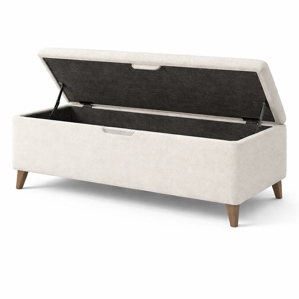Banco con almacenamiento de tela beige con patas de madera-FURNFARA