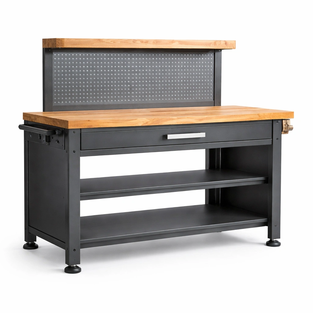 Banco de trabajo de metal con estantes y tablero de madera 150x60x100 cm-FURNFARA