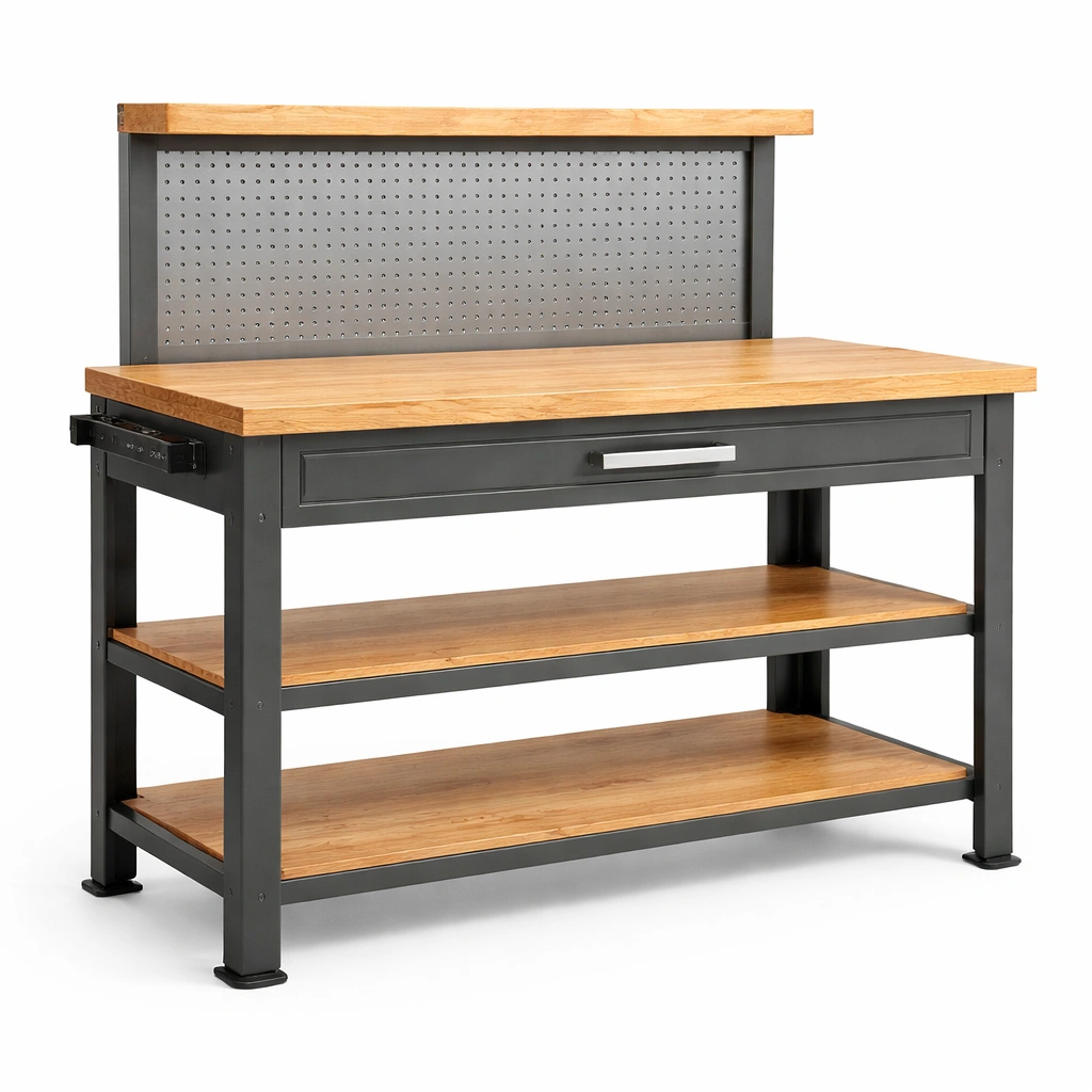 Banco de trabajo de madera y metal con almacenamiento-FURNFARA