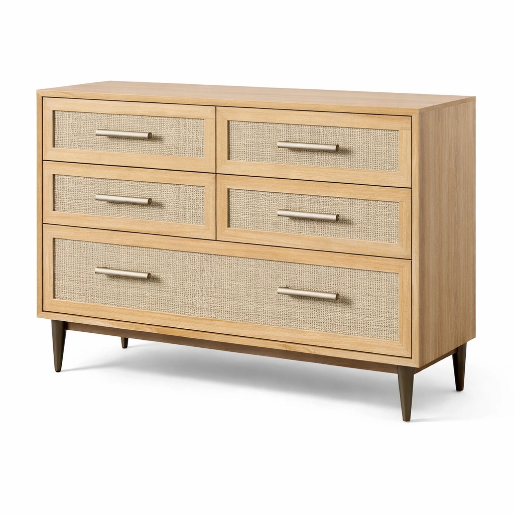 Cajonera de madera maciza de roble y mimbre con 5 cajones 120x45x80 cm-FURNFARA