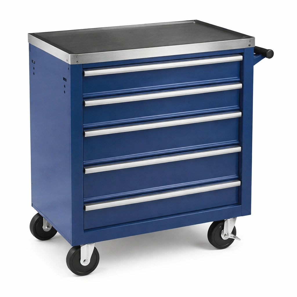 Carro de herramientas de metal azul con ruedas y 5 cajones-FURNFARA