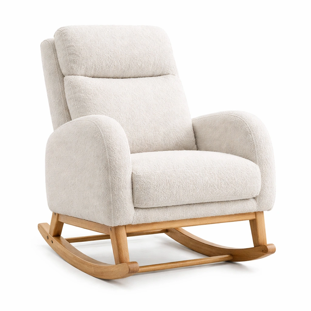Silla mecedora de tela de rizo beige con estructura de madera-LIVZERA