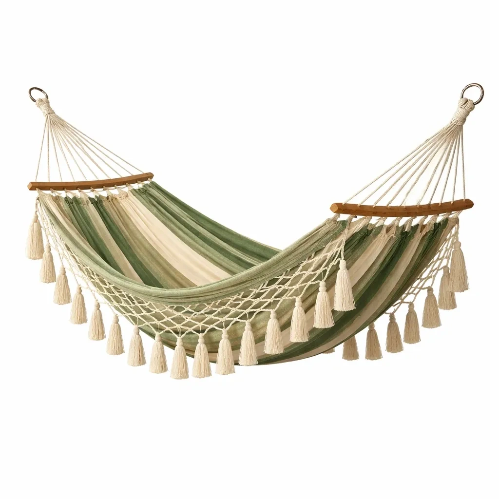 Hamaca de algodón verde y beige con borlas-LIVZERA