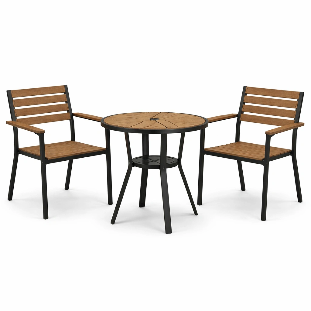 Juego de comedor exterior con mesa redonda y 2 sillas de madera sintética y metal-LIVLIVOZ