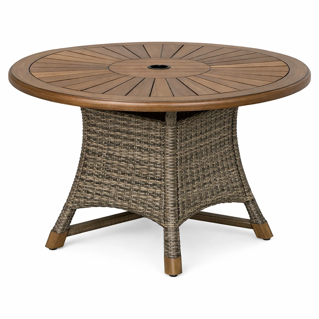 Mesa de comedor exterior redonda de madera y ratán sintético-LIVLIVOZ