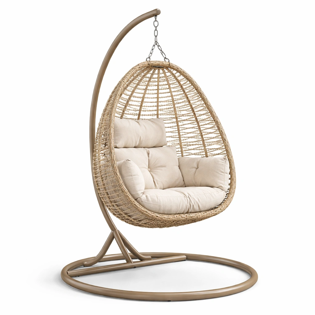 Silla colgante de ratán sintético beige con cojín de poliéster y estructura de acero-LIVLIVOZ