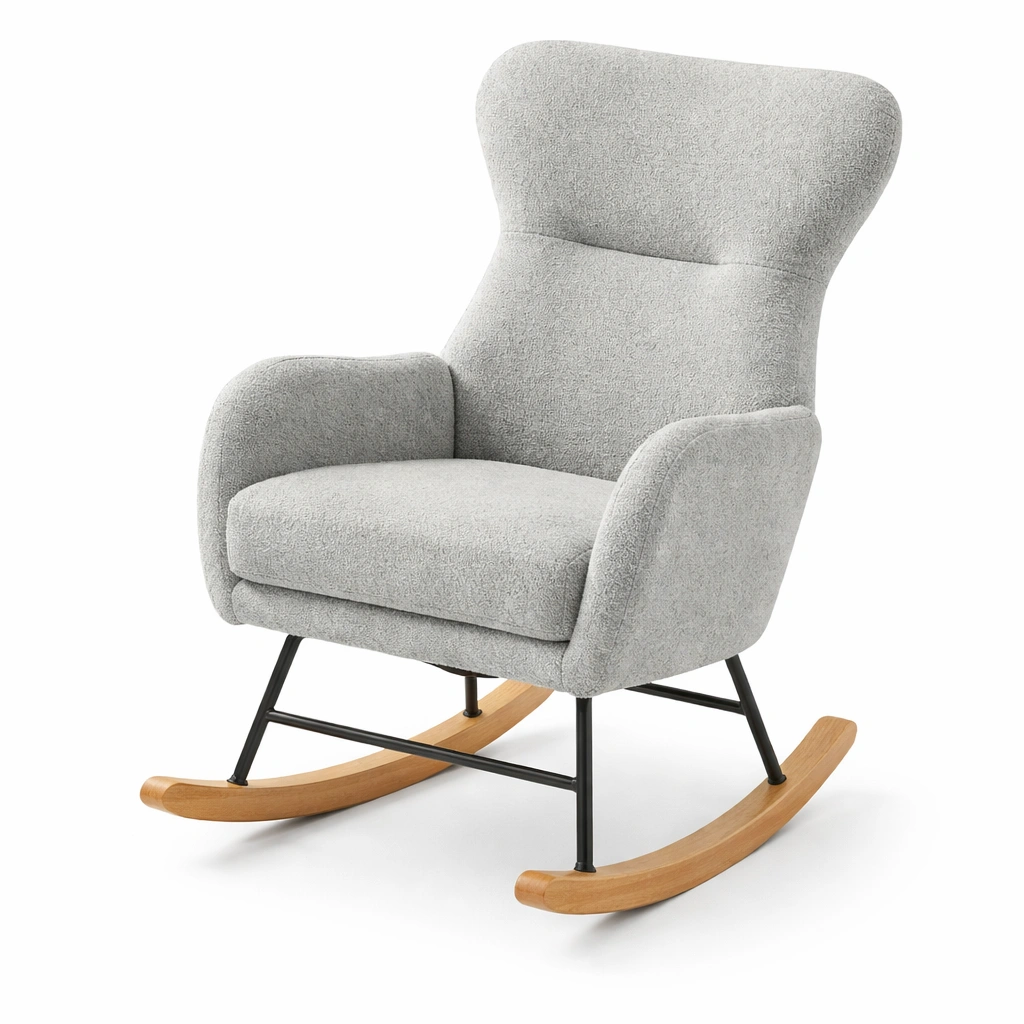 Silla mecedora de poliéster gris con base de madera y estructura de metal-LIVLIVOZ