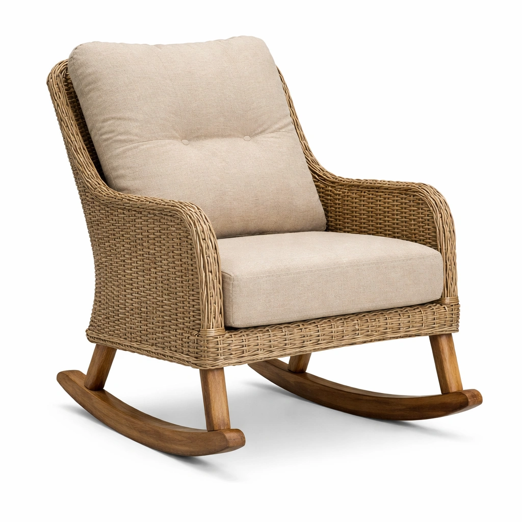 Silla mecedora de ratán sintético beige con cojines de lino-LIVLIVOZ