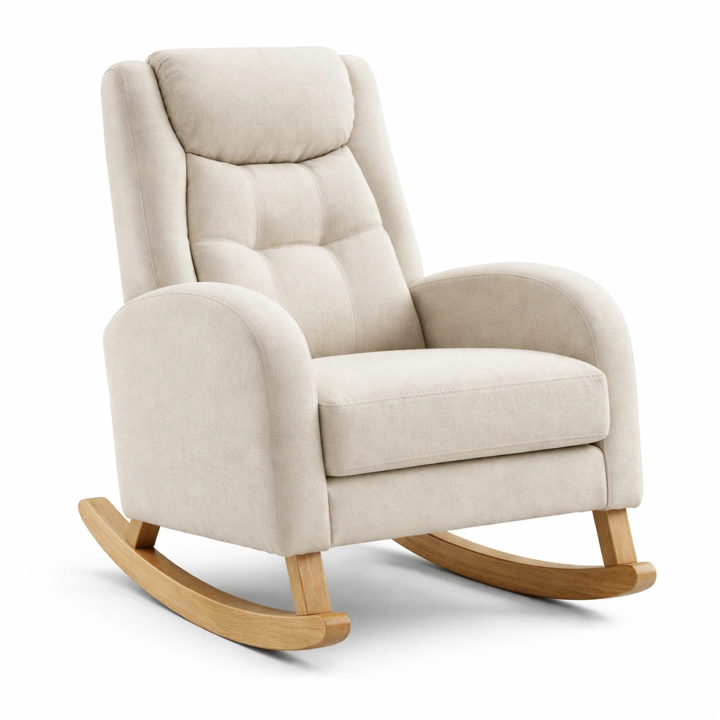 Silla mecedora de tela beige con estructura de madera-LIVLIVOZ