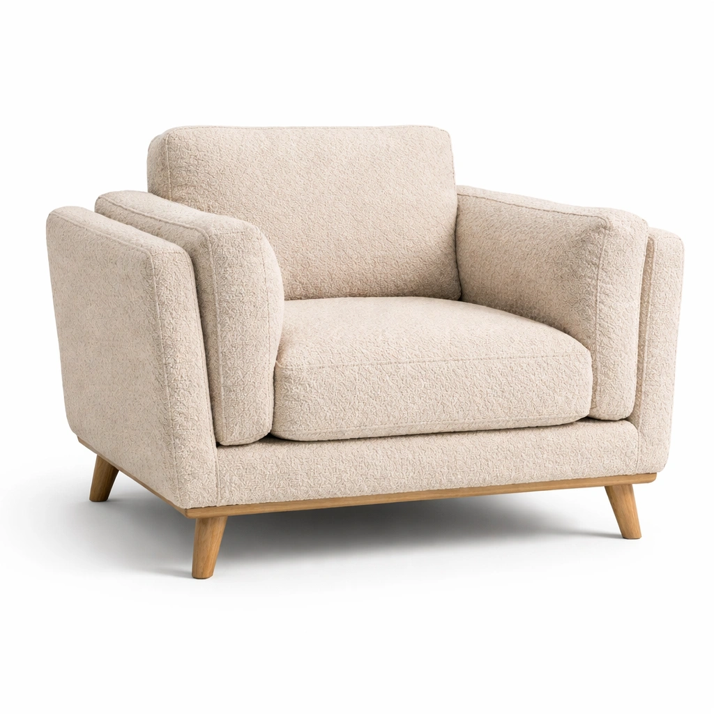 Sillón de tela bouclé beige con patas de madera de roble-LIVLIVOZ