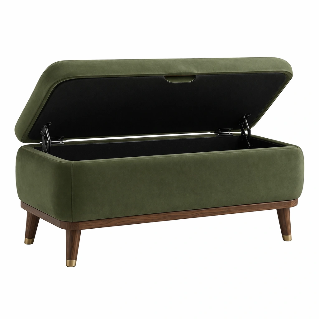 Banco con almacenamiento de tela verde con patas de madera-Homdexa