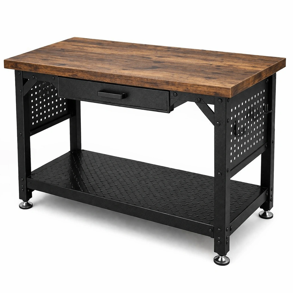 Banco de trabajo de metal con superficie de madera y cajón-Homdexa
