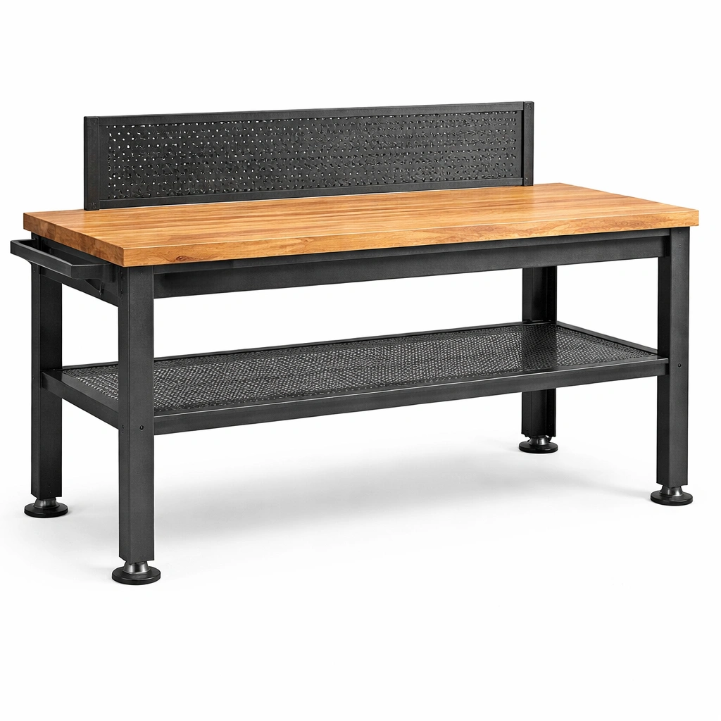 Banco de trabajo de madera roble y metal negro con estante 120x60x90 cm-Homdexa