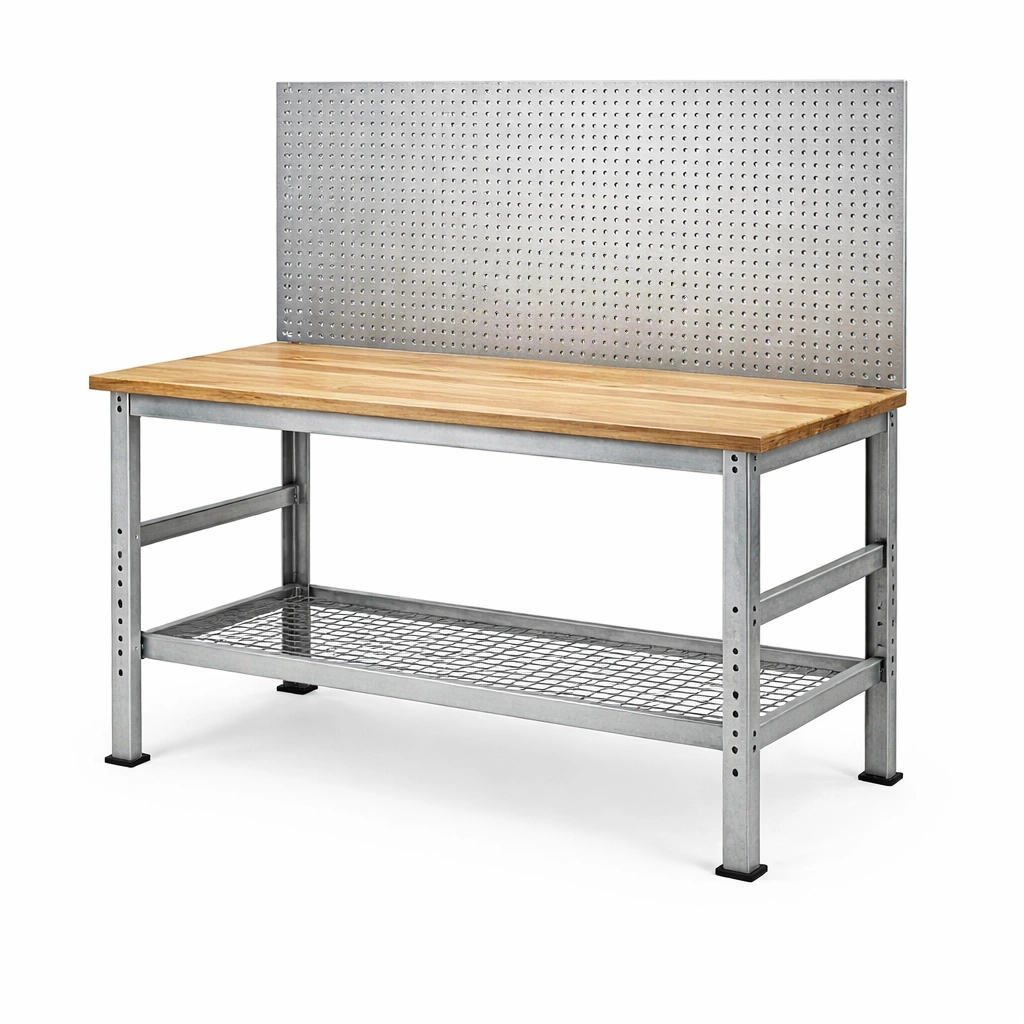 Banco de trabajo de acero con superficie de madera y panel perforado-Homdexa