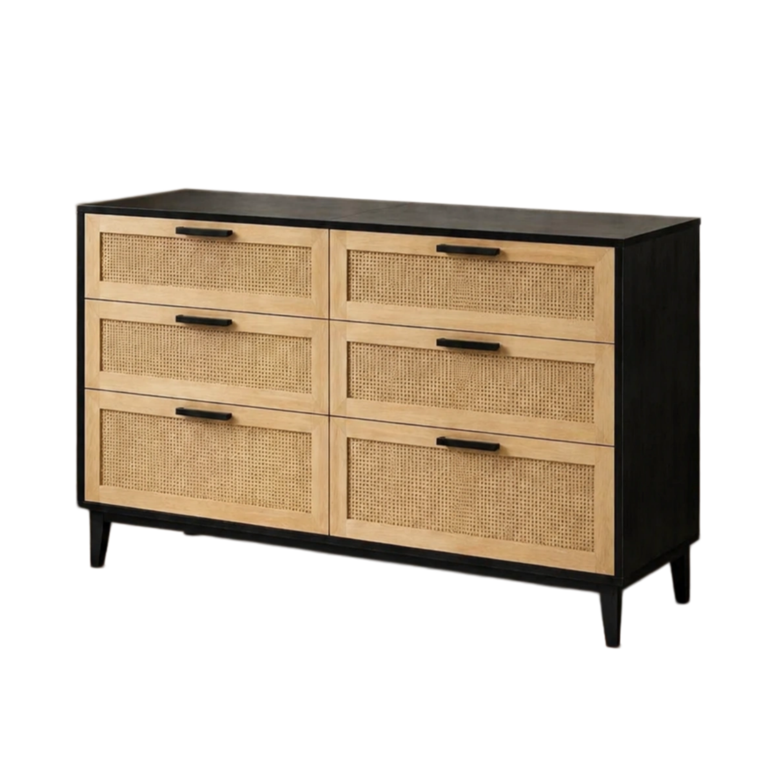 Cajonera de madera y caña con 6 cajones negro natural 120x40x80 cm-livunia