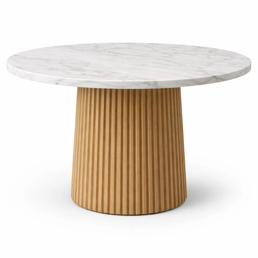 Mesa redonda de mármol blanco y base de madera de roble-DECOPIRA