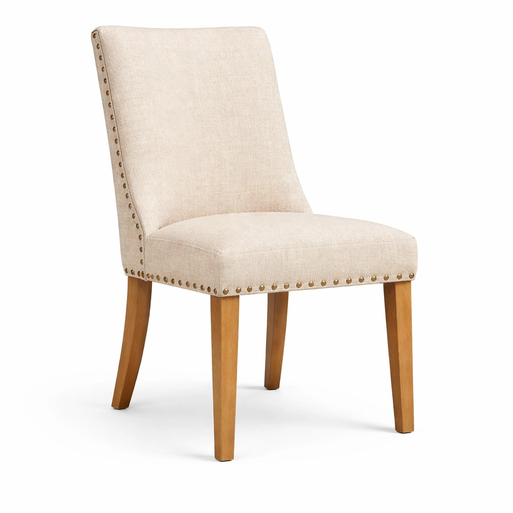Sillas de comedor de tela beige con patas de madera-DECOPIRA