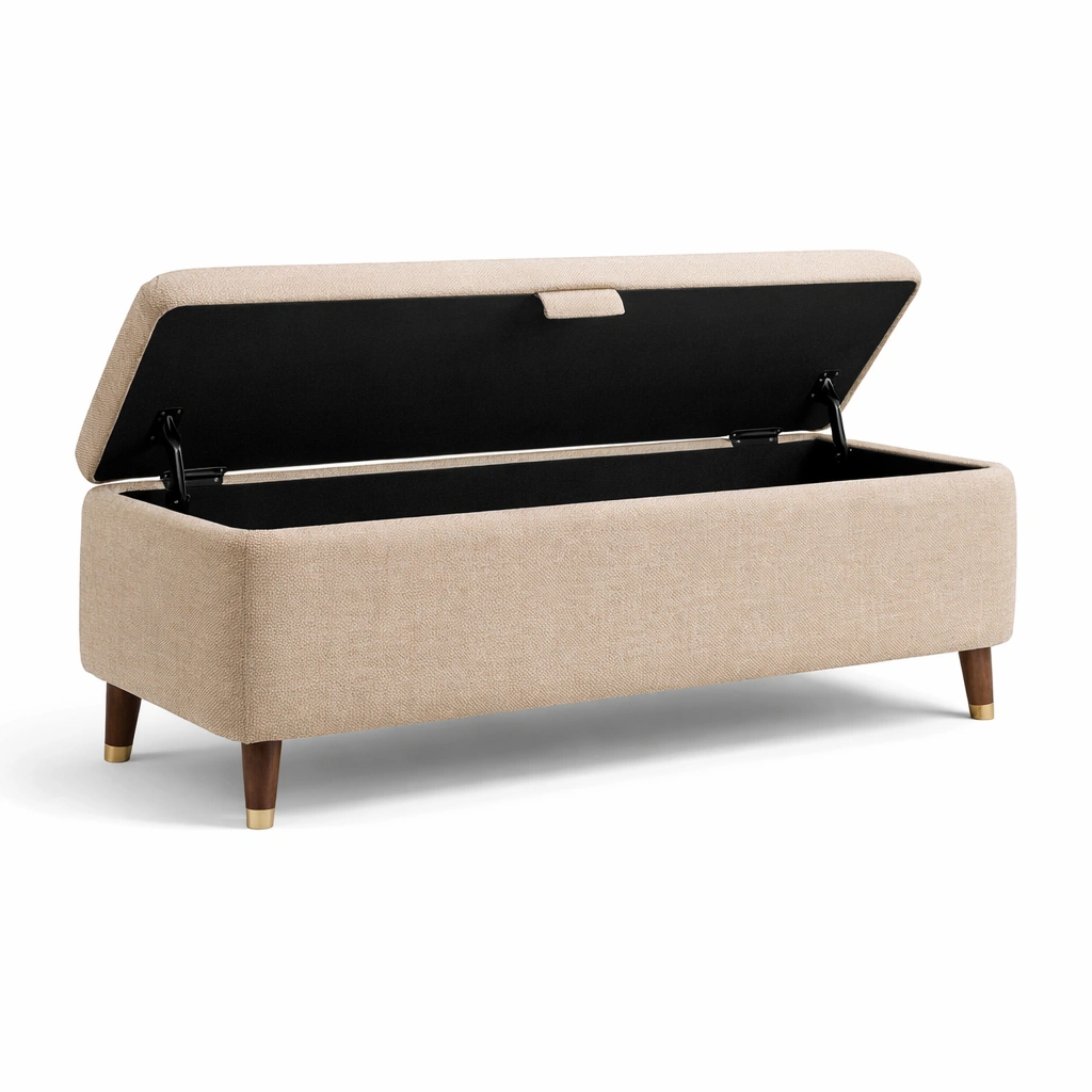 Banco con almacenamiento de algodón beige con patas de madera-DECOPIRA