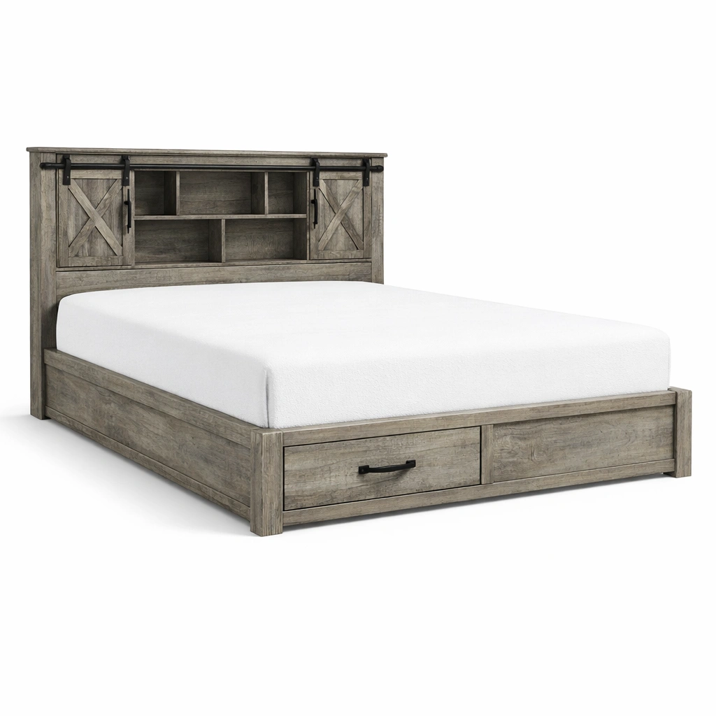 Cama con almacenamiento de madera con cabecero de estanterías-DECOPIRA