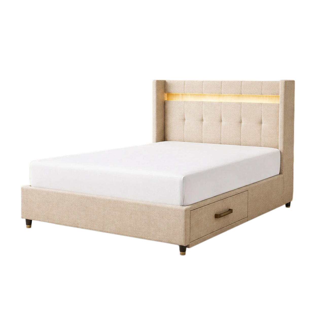 Cama con almacenamiento doble de tela con luz LED y cajón-DECOPIRA