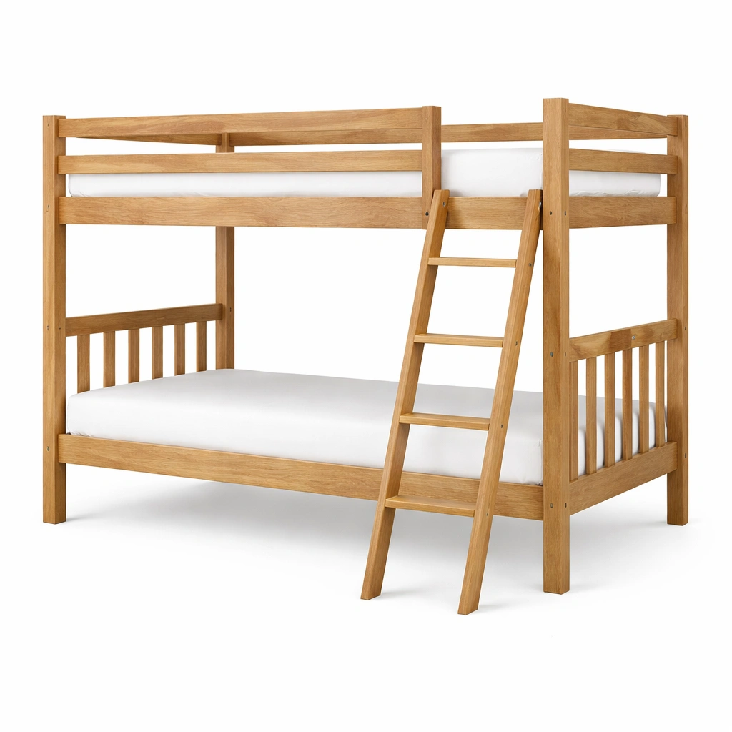 Litera de madera maciza natural con escalera lateral-FURNUNIA