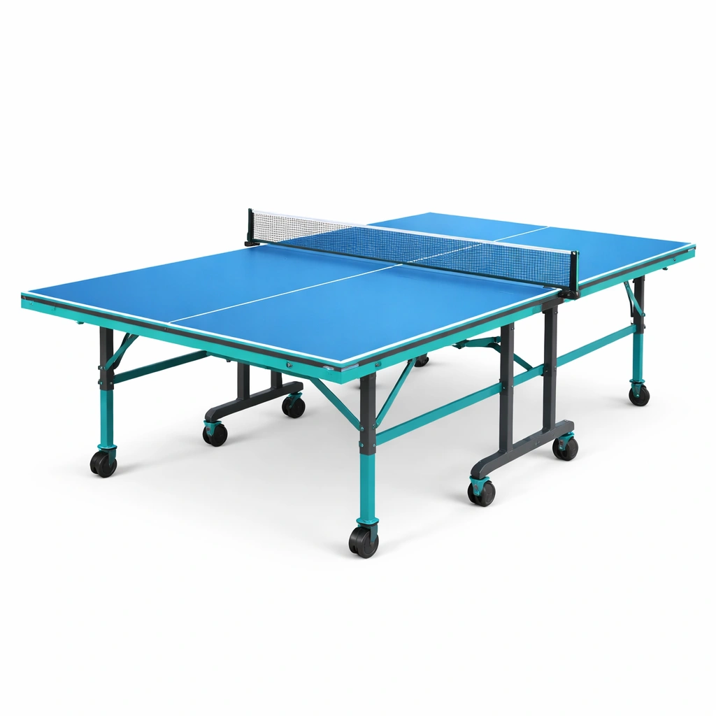 Mesa de ping-pong plegable azul con superficie de melamina y estructura de acero-FURNUNIA