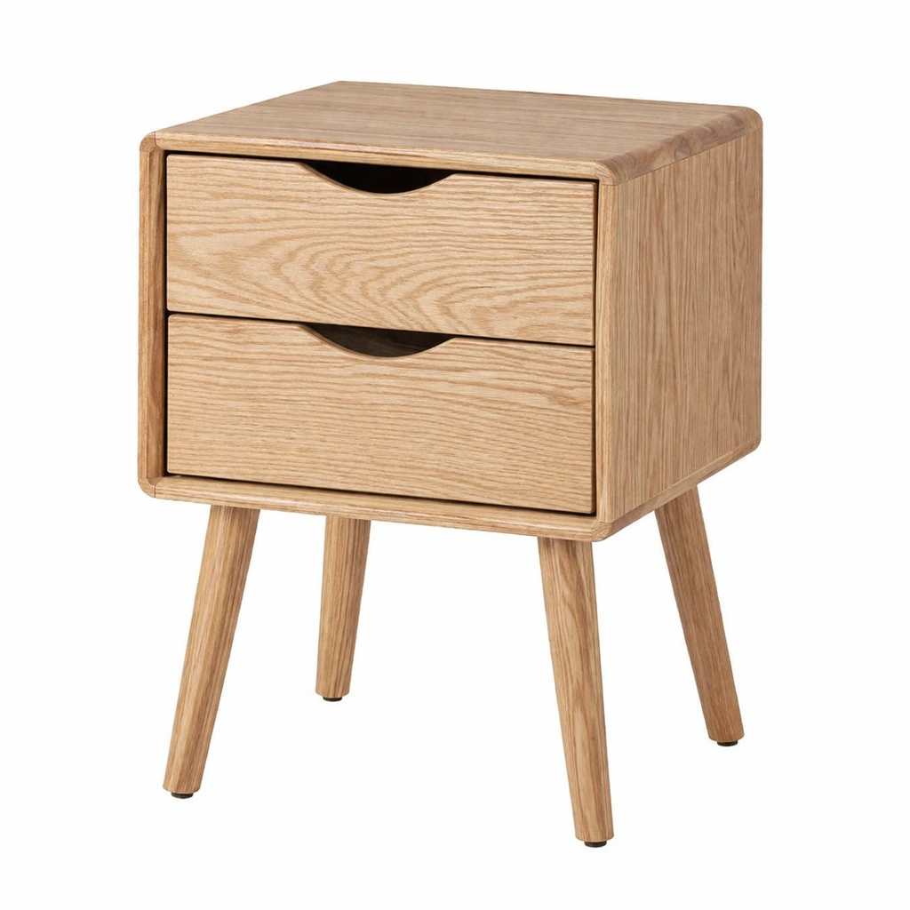 Mesita de noche de madera de roble natural con dos cajones-FURNUNIA