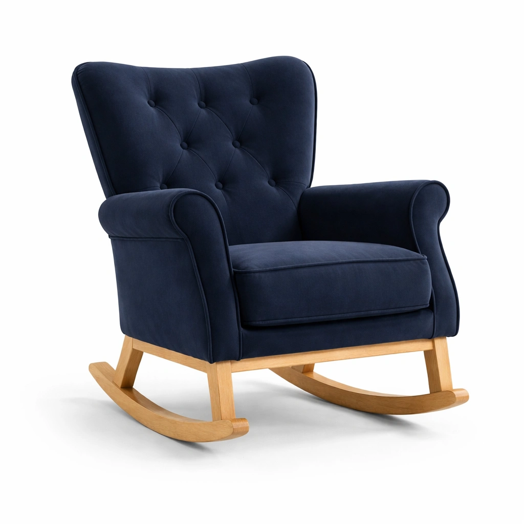 Silla mecedora de terciopelo azul con estructura de madera-FURNUNIA