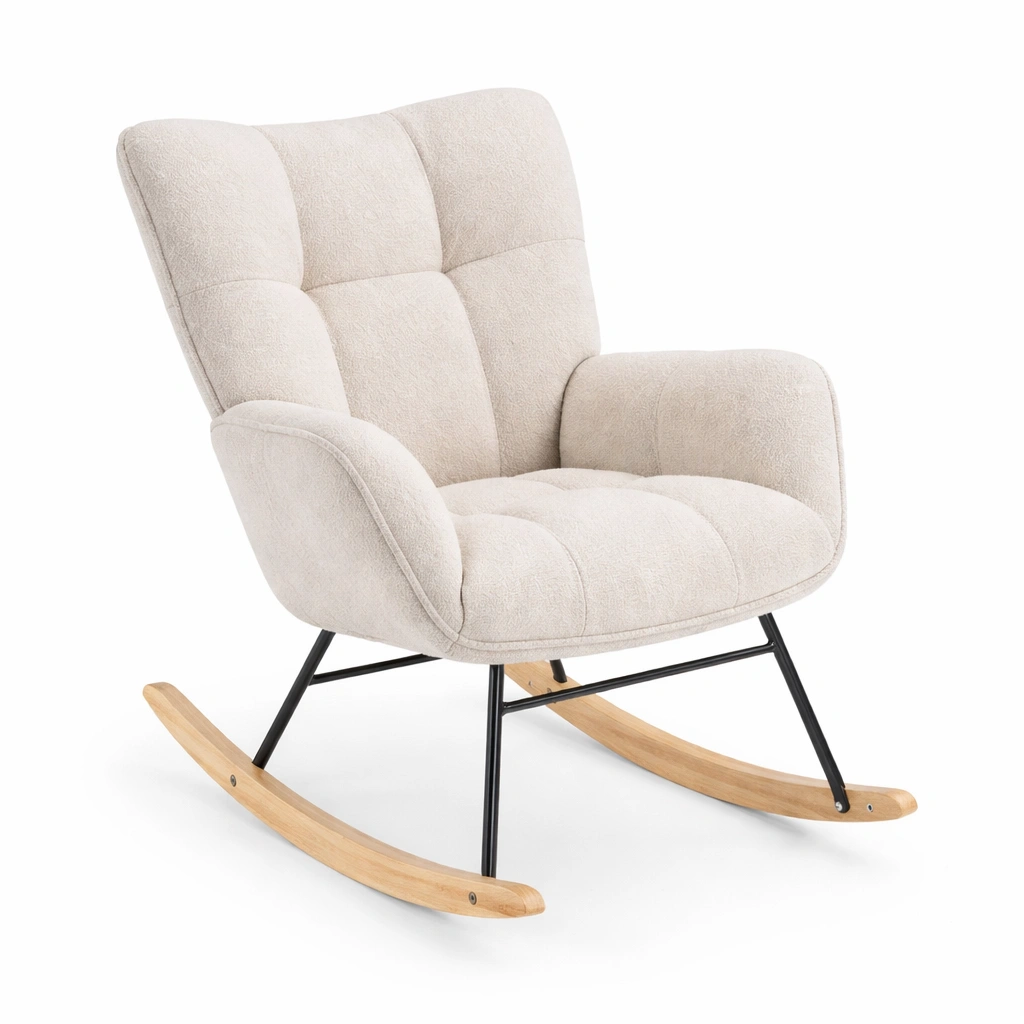 Silla mecedora de tela beige con base de haya y estructura de acero-FURNUNIA