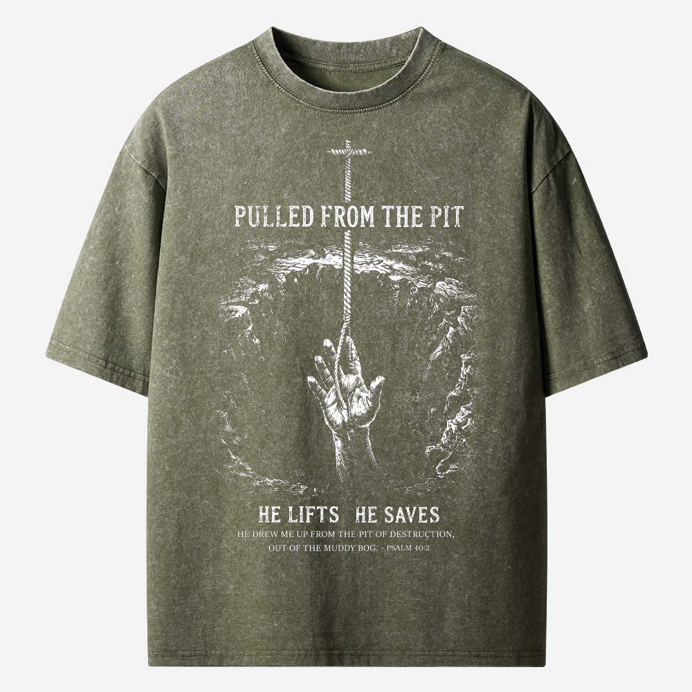 Pulled From the Pit Cross Rescue Hand Christian Washed T-Shirt