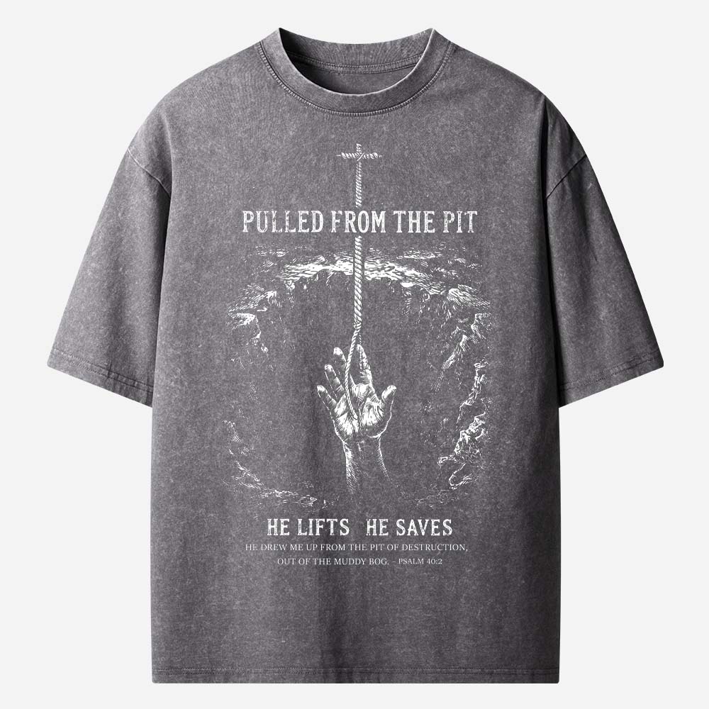 Pulled From the Pit Cross Rescue Hand Christian Washed T-Shirt