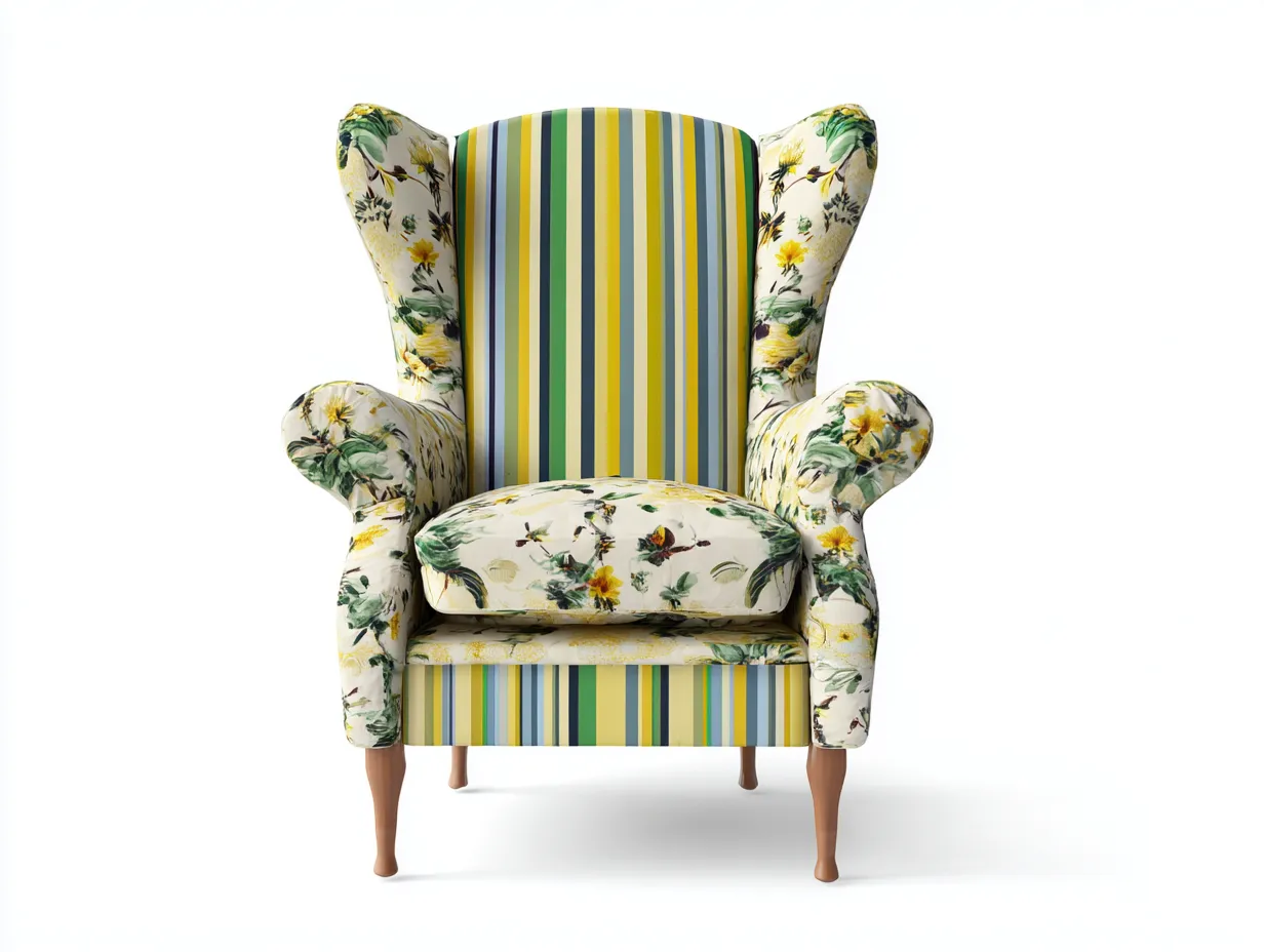 Poltrona a orecchioni - Tessuto - 93x87x115 cm - Verde-Giallo-Bianco - Stile classico-Zadoriadwell