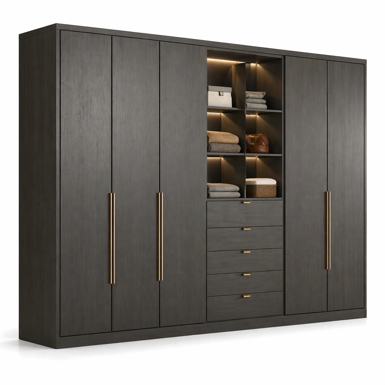 Armario moderno gris con cinco puertas y cinco cajones sistema de organizacion luz LED integrada almacenamiento espacioso y elegante para dormitorios contemporaneos duradero-loftlyn