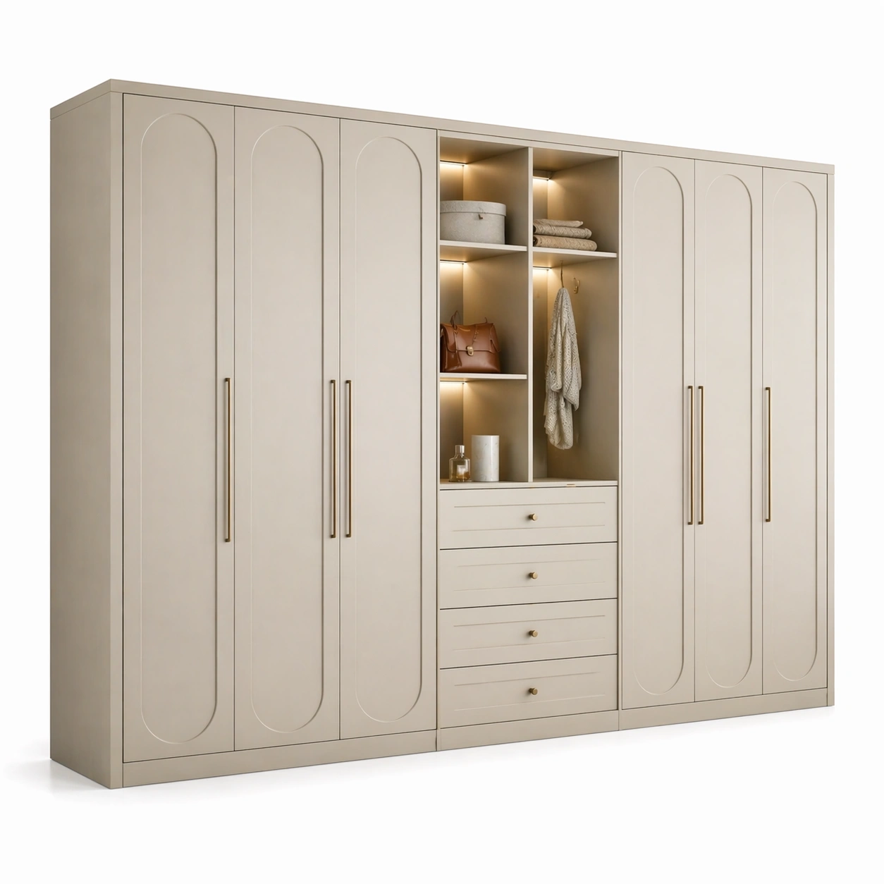Armario moderno beige con cinco puertas y cinco cajones organizador funcional almacenamiento luz LED integrada resistente dise?o elegante perfecto para habitaciones contemporaneas amplias-loftlyn
