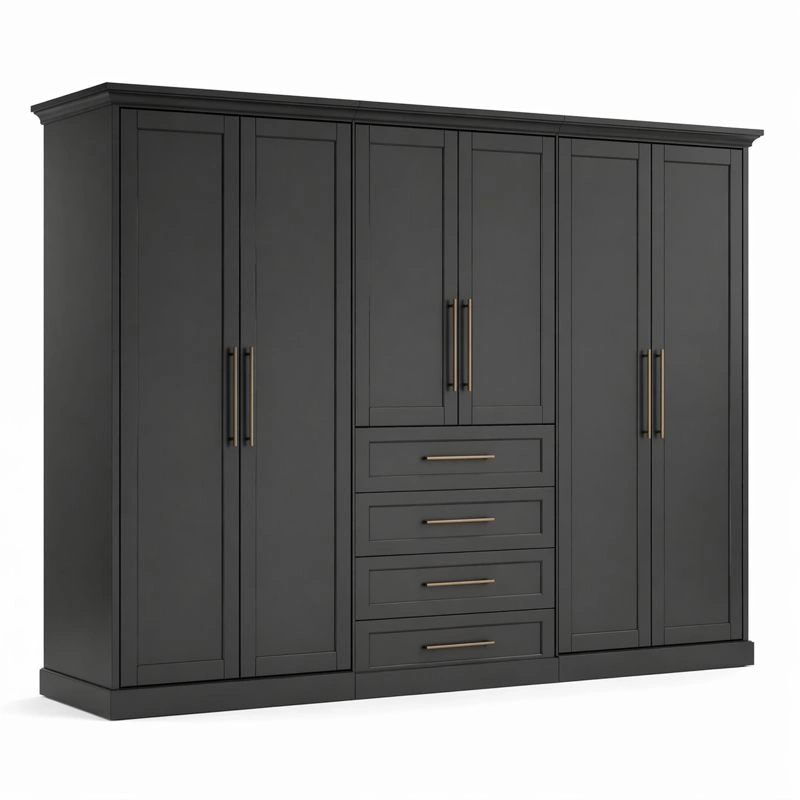 Armario negro moderno con seis puertas y cuatro cajones dise?o contemporaneo duradero almacenamiento eficiente elegante perfecto para habitaciones modernas resistente y facil de organizar ropa-loftlyn