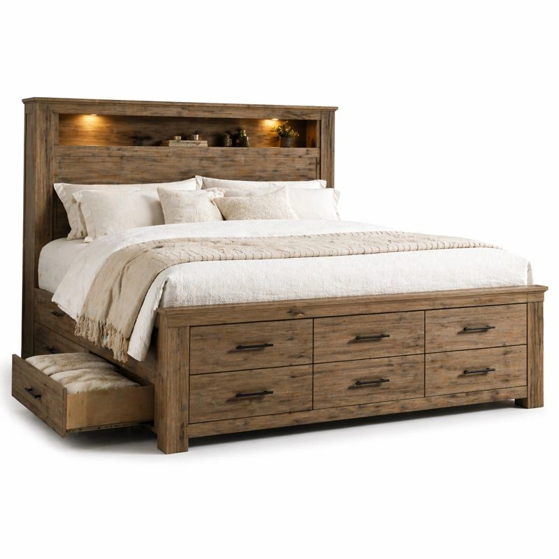 Cama king size de madera maciza con almacenamiento y cabecero con iluminacion incorporada perfecta para dormitorio principal comoda y elegante diseno funcional robusta y duradera-loftlyn