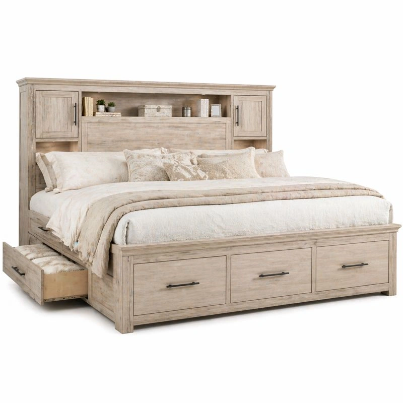 Cama king size de madera clara con almacenamiento y cabecero con estantes integrados perfecta para dormitorio principal diseno moderno funcional elegante y duradera resistente a uso diario-loftlyn